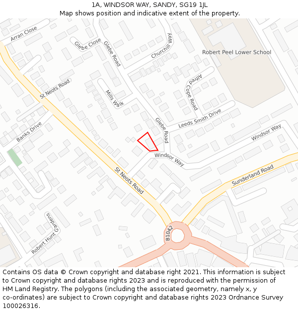 1A, WINDSOR WAY, SANDY, SG19 1JL: Location map and indicative extent of plot