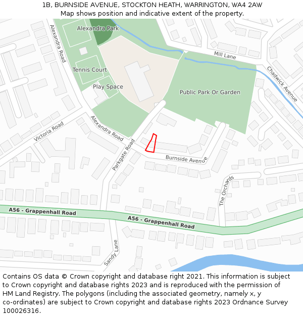 1B, BURNSIDE AVENUE, STOCKTON HEATH, WARRINGTON, WA4 2AW: Location map and indicative extent of plot