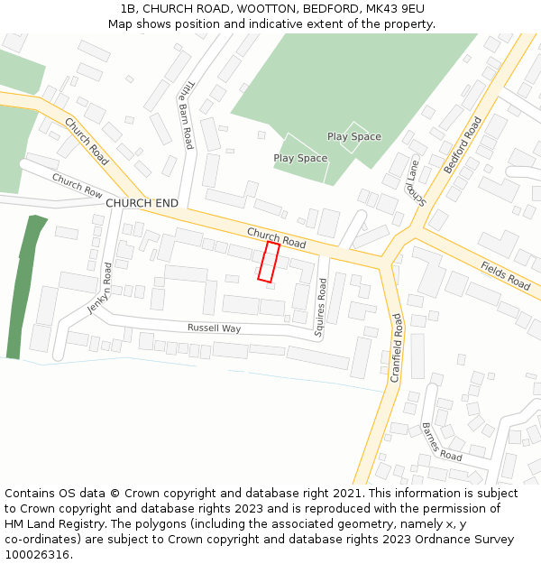 1B, CHURCH ROAD, WOOTTON, BEDFORD, MK43 9EU: Location map and indicative extent of plot