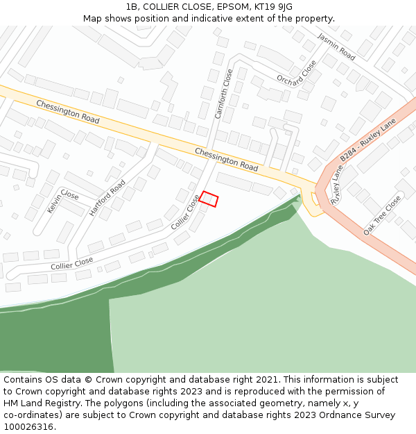 1B, COLLIER CLOSE, EPSOM, KT19 9JG: Location map and indicative extent of plot