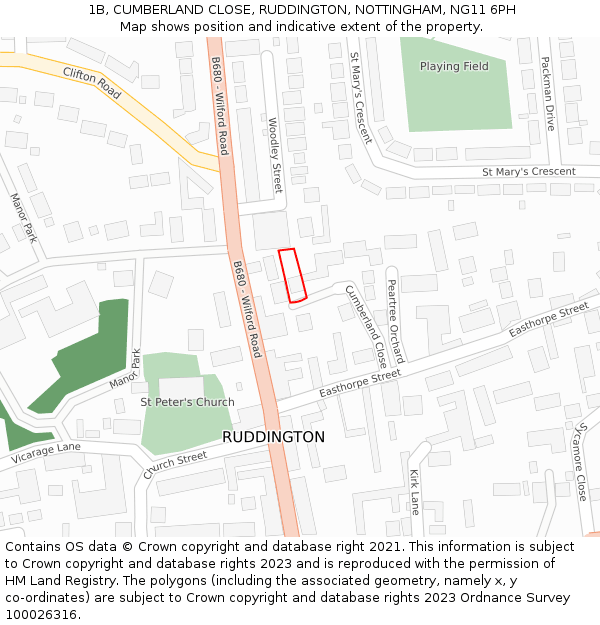 1B, CUMBERLAND CLOSE, RUDDINGTON, NOTTINGHAM, NG11 6PH: Location map and indicative extent of plot