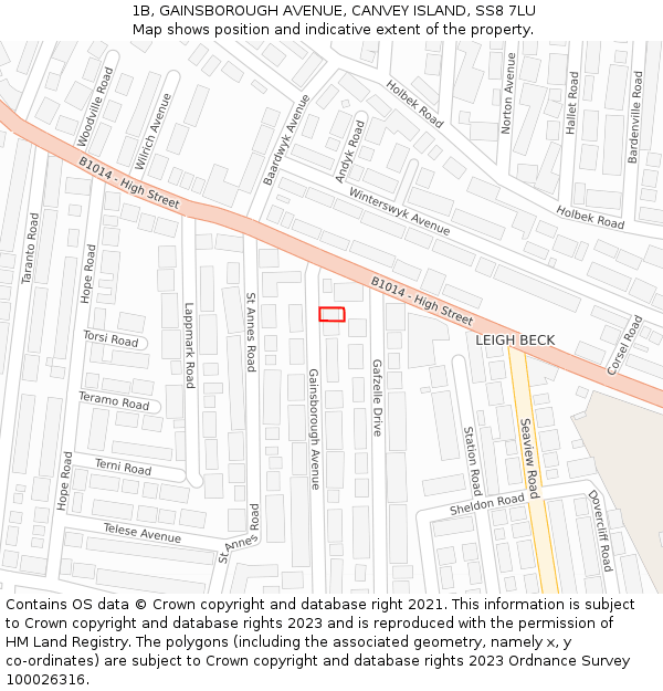 1B, GAINSBOROUGH AVENUE, CANVEY ISLAND, SS8 7LU: Location map and indicative extent of plot