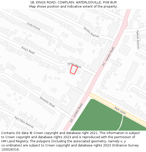 1B, KINGS ROAD, COWPLAIN, WATERLOOVILLE, PO8 8UR: Location map and indicative extent of plot