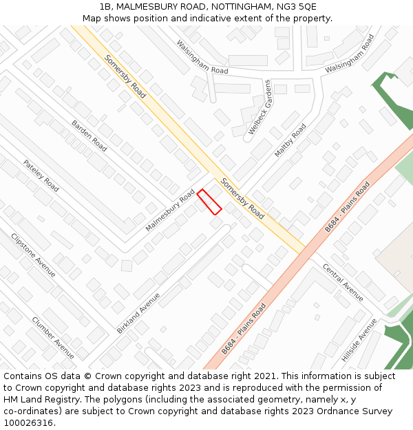 1B, MALMESBURY ROAD, NOTTINGHAM, NG3 5QE: Location map and indicative extent of plot