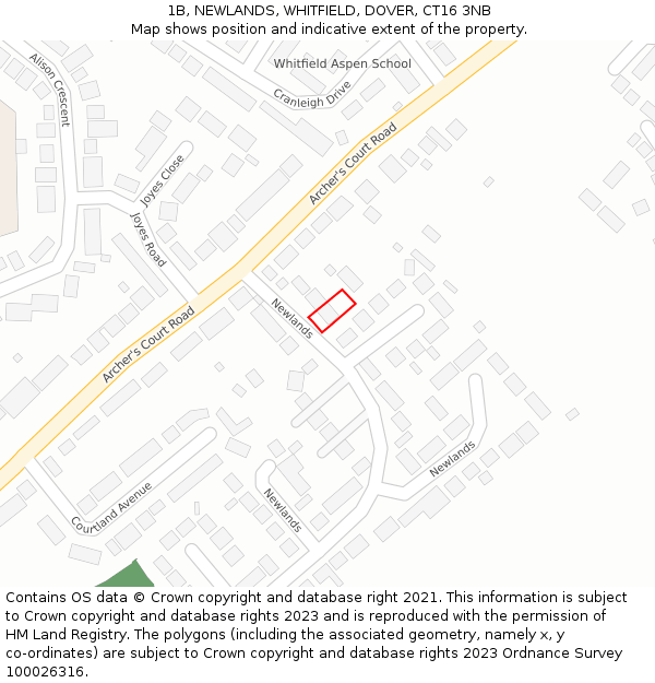 1B, NEWLANDS, WHITFIELD, DOVER, CT16 3NB: Location map and indicative extent of plot