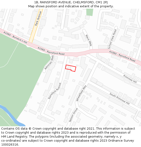 1B, RAINSFORD AVENUE, CHELMSFORD, CM1 2PJ: Location map and indicative extent of plot