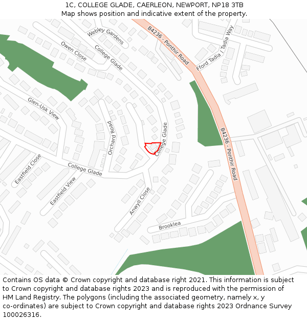 1C, COLLEGE GLADE, CAERLEON, NEWPORT, NP18 3TB: Location map and indicative extent of plot