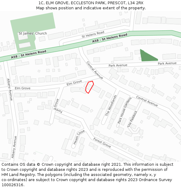 1C, ELM GROVE, ECCLESTON PARK, PRESCOT, L34 2RX: Location map and indicative extent of plot