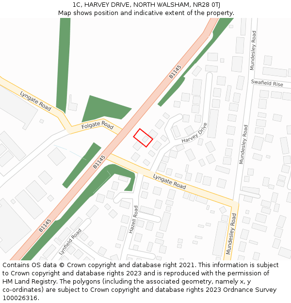 1C, HARVEY DRIVE, NORTH WALSHAM, NR28 0TJ: Location map and indicative extent of plot