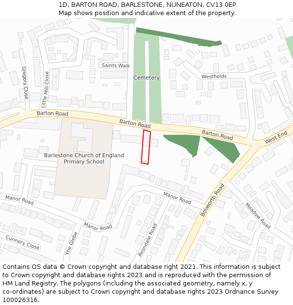 1D, BARTON ROAD, BARLESTONE, NUNEATON, CV13 0EP: Location map and indicative extent of plot