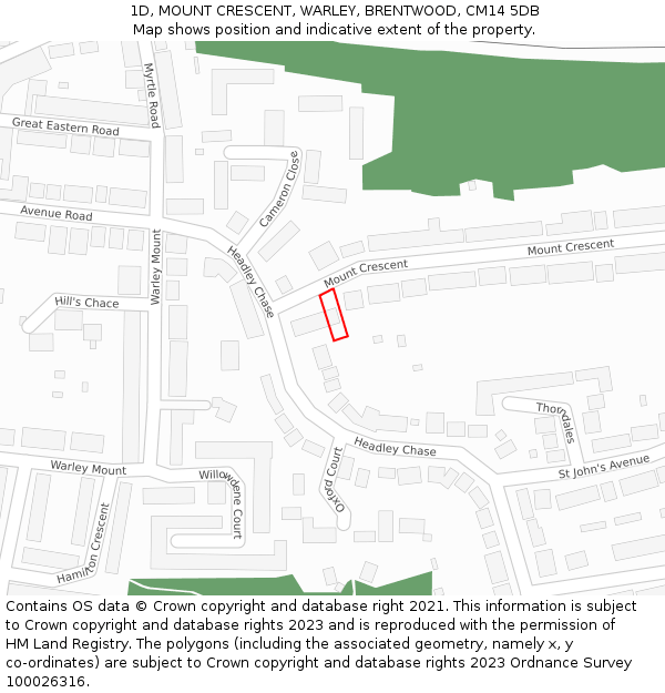 1D, MOUNT CRESCENT, WARLEY, BRENTWOOD, CM14 5DB: Location map and indicative extent of plot