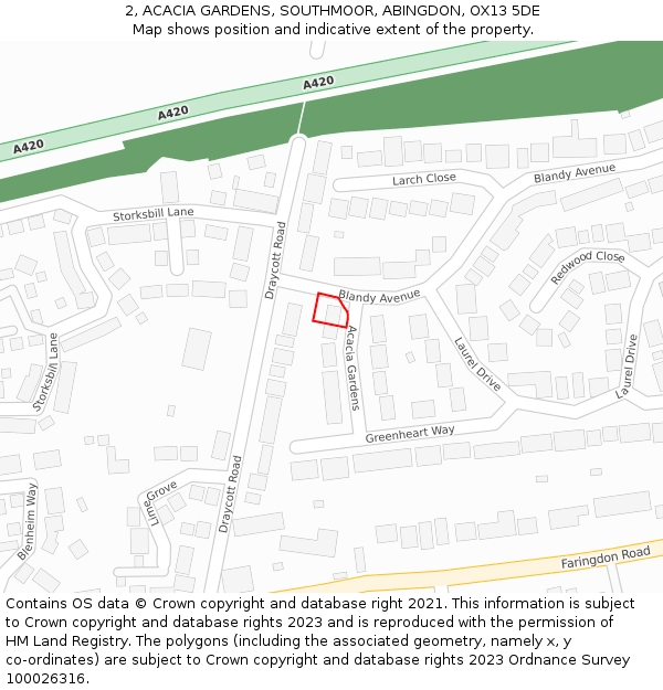 2, ACACIA GARDENS, SOUTHMOOR, ABINGDON, OX13 5DE: Location map and indicative extent of plot