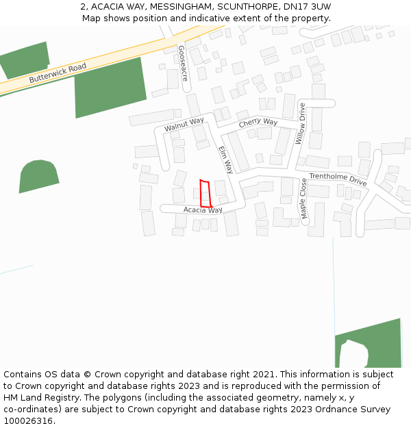 2, ACACIA WAY, MESSINGHAM, SCUNTHORPE, DN17 3UW: Location map and indicative extent of plot