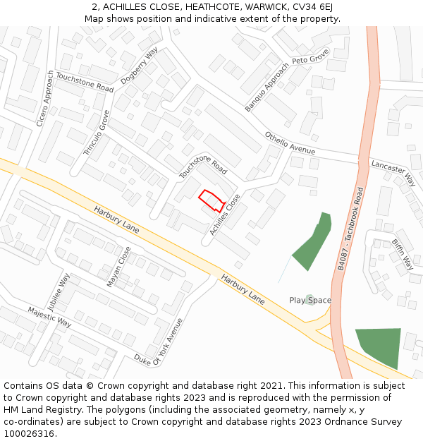 2, ACHILLES CLOSE, HEATHCOTE, WARWICK, CV34 6EJ: Location map and indicative extent of plot