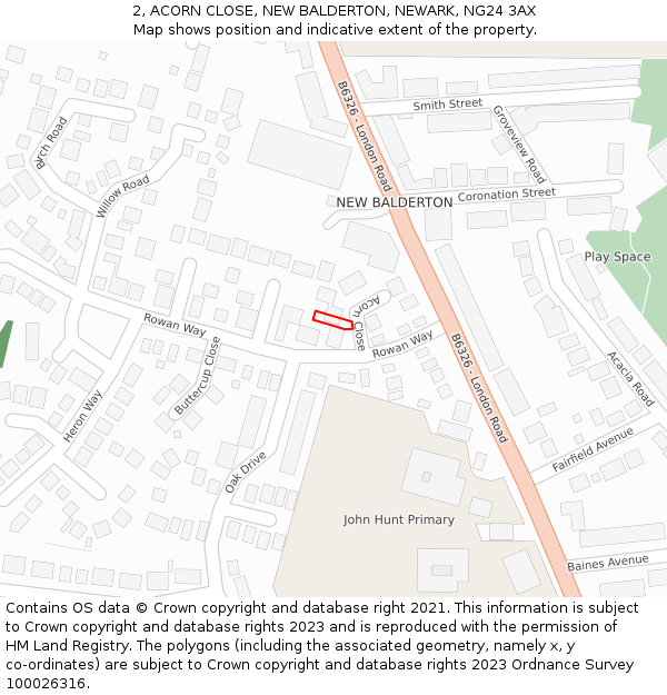 2, ACORN CLOSE, NEW BALDERTON, NEWARK, NG24 3AX: Location map and indicative extent of plot