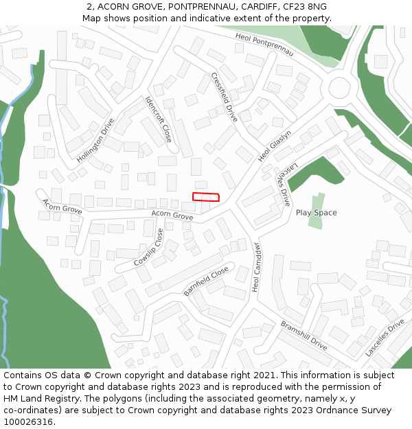 2, ACORN GROVE, PONTPRENNAU, CARDIFF, CF23 8NG: Location map and indicative extent of plot