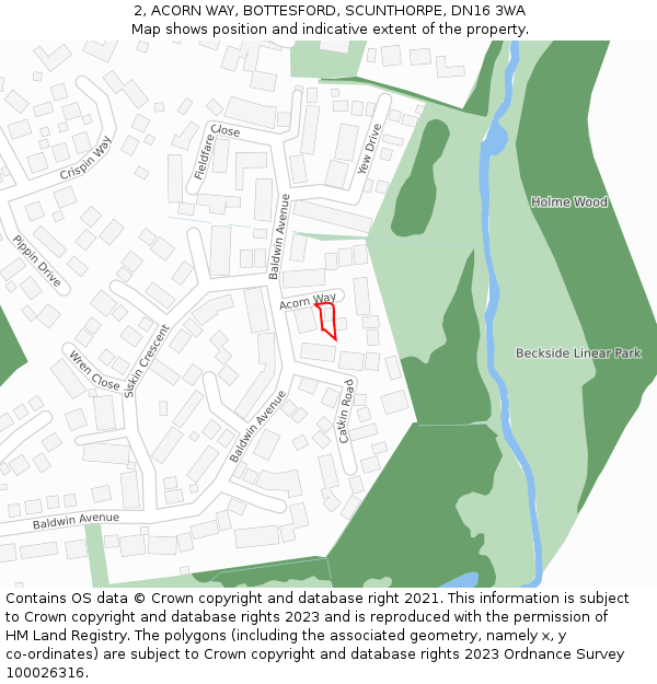 2, ACORN WAY, BOTTESFORD, SCUNTHORPE, DN16 3WA: Location map and indicative extent of plot