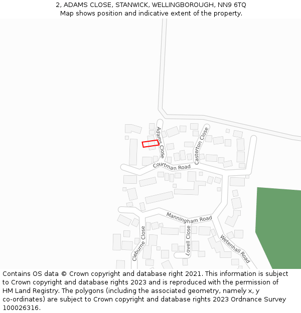 2, ADAMS CLOSE, STANWICK, WELLINGBOROUGH, NN9 6TQ: Location map and indicative extent of plot