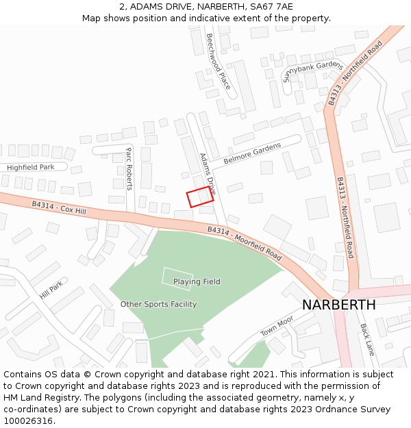 2, ADAMS DRIVE, NARBERTH, SA67 7AE: Location map and indicative extent of plot