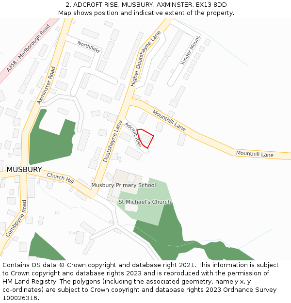 2, ADCROFT RISE, MUSBURY, AXMINSTER, EX13 8DD: Location map and indicative extent of plot