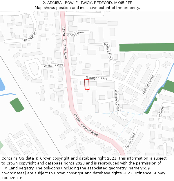 2, ADMIRAL ROW, FLITWICK, BEDFORD, MK45 1FF: Location map and indicative extent of plot