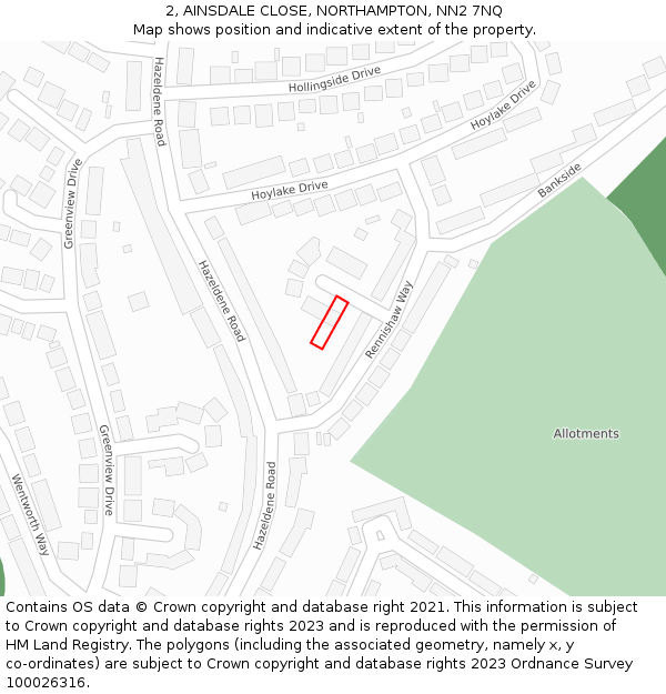 2, AINSDALE CLOSE, NORTHAMPTON, NN2 7NQ: Location map and indicative extent of plot