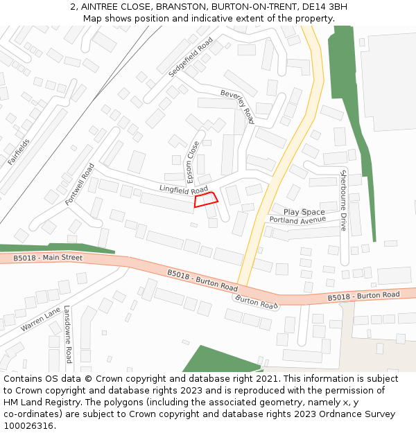 2, AINTREE CLOSE, BRANSTON, BURTON-ON-TRENT, DE14 3BH: Location map and indicative extent of plot