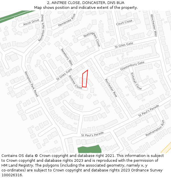 2, AINTREE CLOSE, DONCASTER, DN5 8UA: Location map and indicative extent of plot