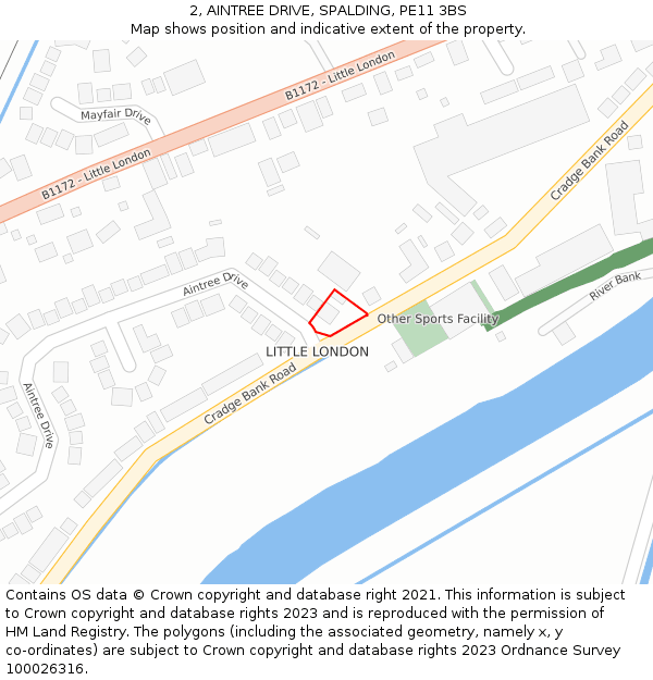2, AINTREE DRIVE, SPALDING, PE11 3BS: Location map and indicative extent of plot