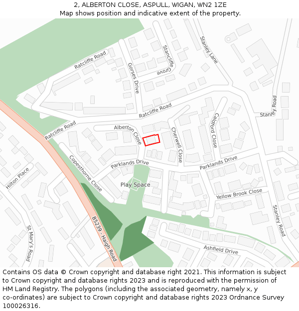 2, ALBERTON CLOSE, ASPULL, WIGAN, WN2 1ZE: Location map and indicative extent of plot