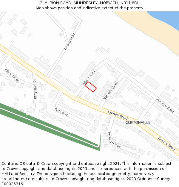 2, ALBION ROAD, MUNDESLEY, NORWICH, NR11 8DL: Location map and indicative extent of plot