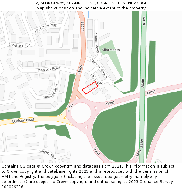 2, ALBION WAY, SHANKHOUSE, CRAMLINGTON, NE23 3GE: Location map and indicative extent of plot