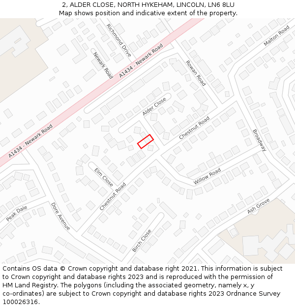 2, ALDER CLOSE, NORTH HYKEHAM, LINCOLN, LN6 8LU: Location map and indicative extent of plot