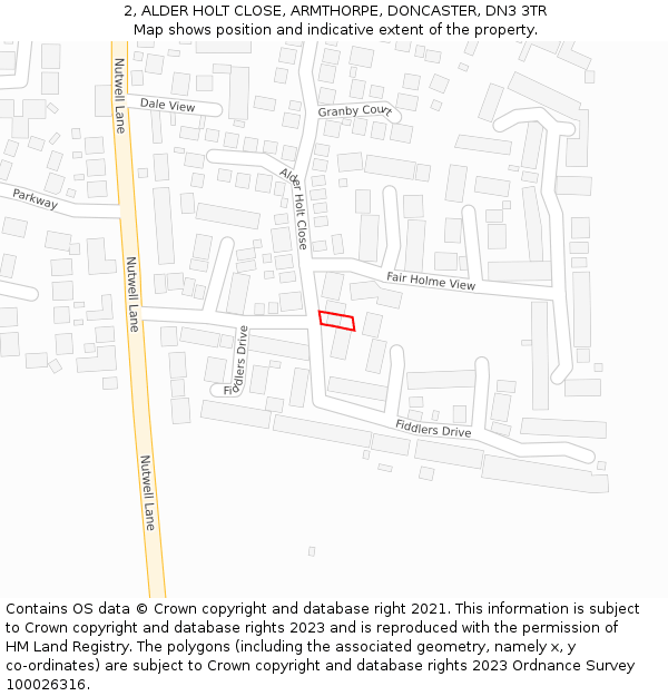2, ALDER HOLT CLOSE, ARMTHORPE, DONCASTER, DN3 3TR: Location map and indicative extent of plot