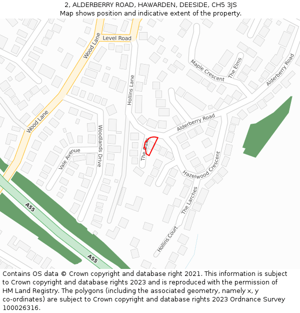 2, ALDERBERRY ROAD, HAWARDEN, DEESIDE, CH5 3JS: Location map and indicative extent of plot