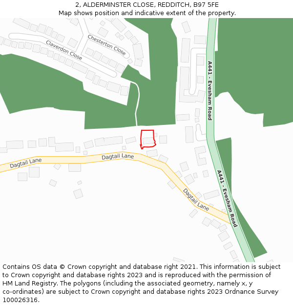 2, ALDERMINSTER CLOSE, REDDITCH, B97 5FE: Location map and indicative extent of plot