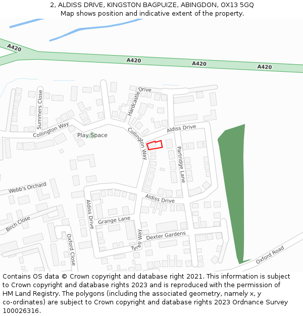 2, ALDISS DRIVE, KINGSTON BAGPUIZE, ABINGDON, OX13 5GQ: Location map and indicative extent of plot