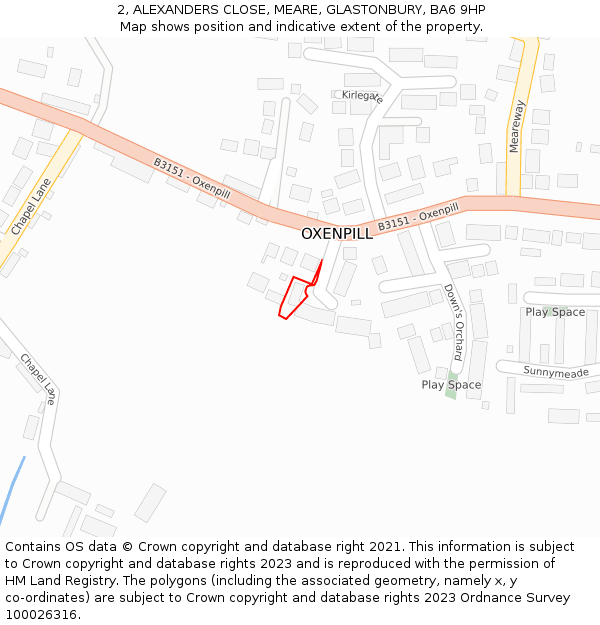 2, ALEXANDERS CLOSE, MEARE, GLASTONBURY, BA6 9HP: Location map and indicative extent of plot