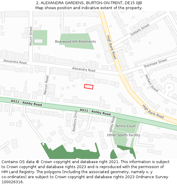 2, ALEXANDRA GARDENS, BURTON-ON-TRENT, DE15 0JB: Location map and indicative extent of plot