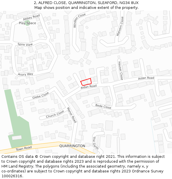 2, ALFRED CLOSE, QUARRINGTON, SLEAFORD, NG34 8UX: Location map and indicative extent of plot