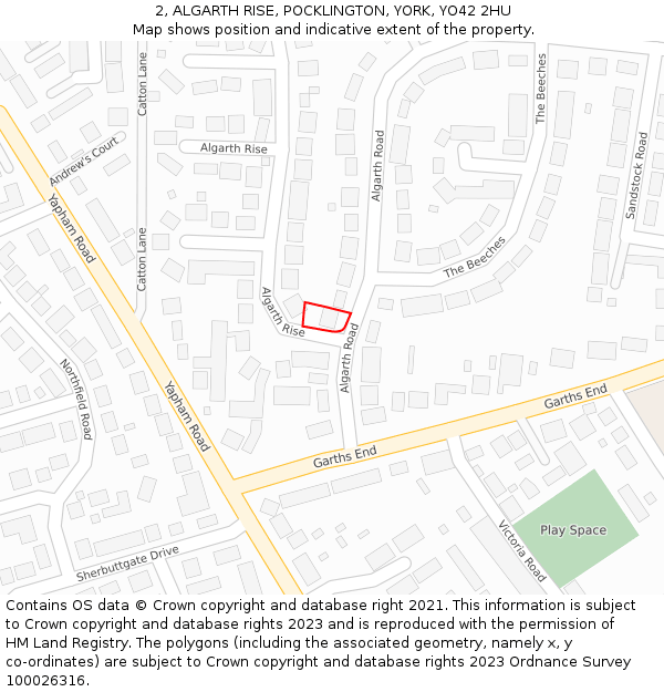 2, ALGARTH RISE, POCKLINGTON, YORK, YO42 2HU: Location map and indicative extent of plot