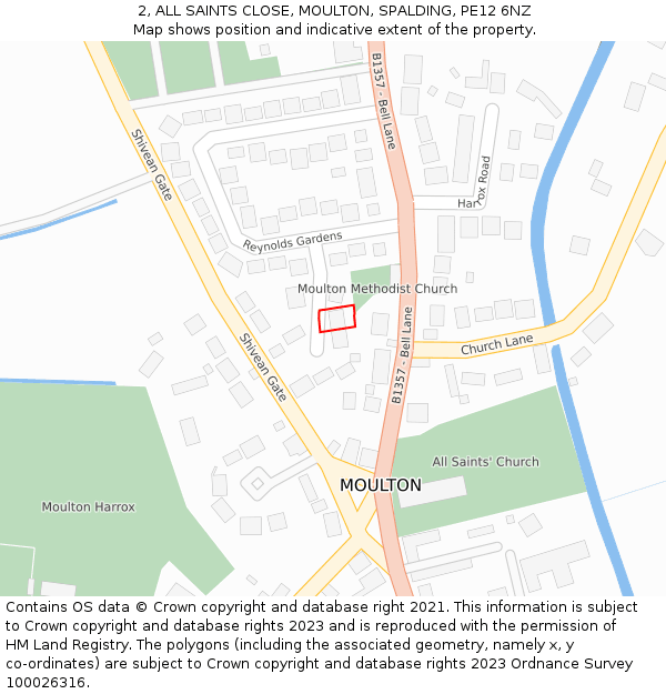 2, ALL SAINTS CLOSE, MOULTON, SPALDING, PE12 6NZ: Location map and indicative extent of plot