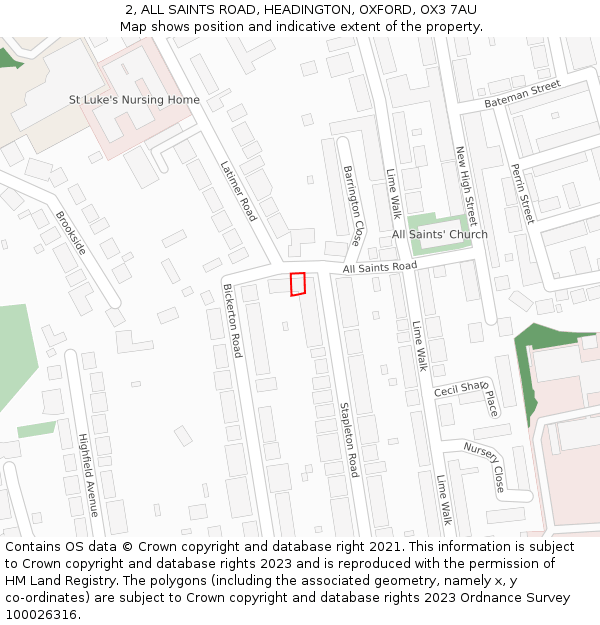 2, ALL SAINTS ROAD, HEADINGTON, OXFORD, OX3 7AU: Location map and indicative extent of plot