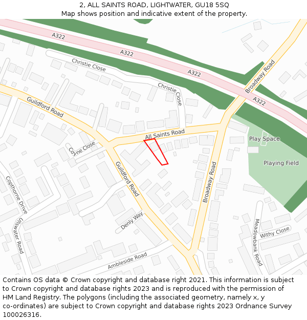 2, ALL SAINTS ROAD, LIGHTWATER, GU18 5SQ: Location map and indicative extent of plot