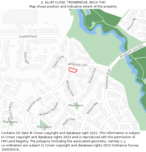 2, ALUM CLOSE, TROWBRIDGE, BA14 7HD: Location map and indicative extent of plot