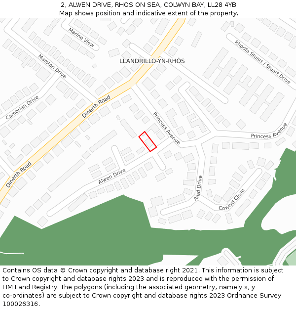 2, ALWEN DRIVE, RHOS ON SEA, COLWYN BAY, LL28 4YB: Location map and indicative extent of plot