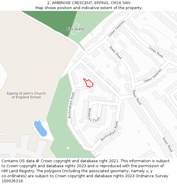 2, AMBROSE CRESCENT, EPPING, CM16 5AN: Location map and indicative extent of plot