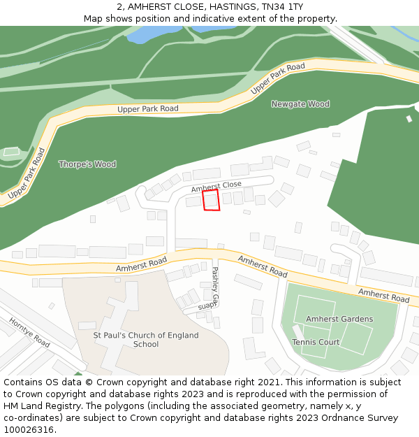 2, AMHERST CLOSE, HASTINGS, TN34 1TY: Location map and indicative extent of plot
