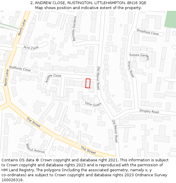 2, ANDREW CLOSE, RUSTINGTON, LITTLEHAMPTON, BN16 3QE: Location map and indicative extent of plot