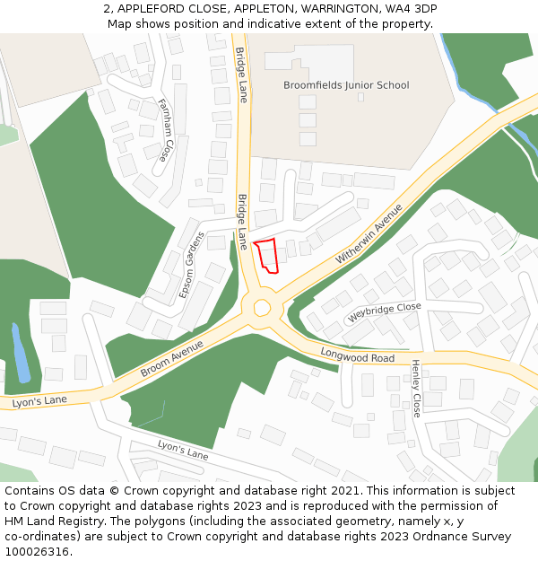 2, APPLEFORD CLOSE, APPLETON, WARRINGTON, WA4 3DP: Location map and indicative extent of plot